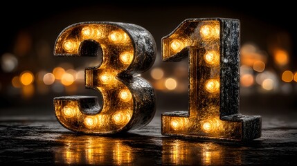 Illuminated Number Three and Number One Vintage Style Lighted Letters on Dark Background