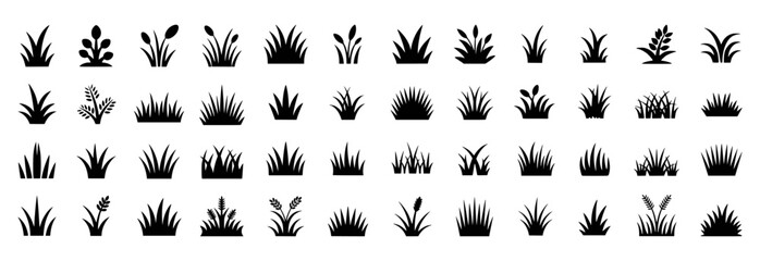 Collection of black silhouettes depicting various grass and plant icons
