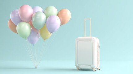 Pastel-toned balloons and a suitcase