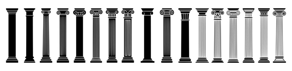 Collection of various classical column styles in vector black and white silhouettes