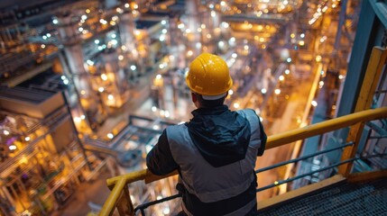 Fototapeta premium In an expansive industrial complex an engineer leans against a railing helmet secured reflecting on the intricate balance of technology and human effort portraying dedication to automation