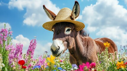Donkey wearing a straw hat amidst a vibrant meadow blooms beneath summer sky