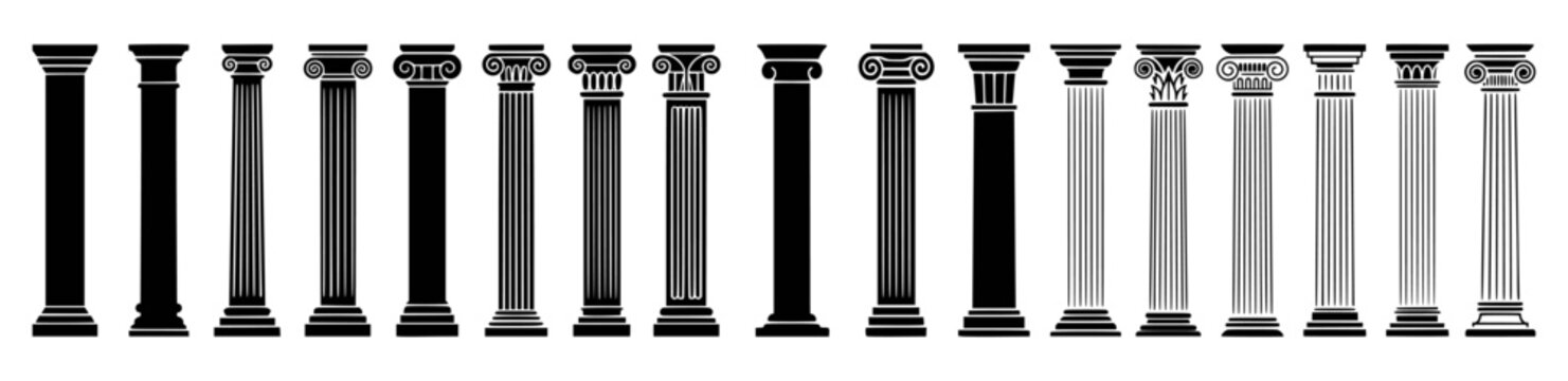 Collection of various classical column styles in vector black and white silhouettes