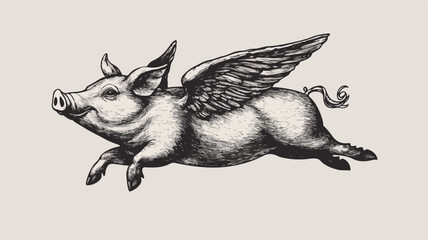 Vintage Flying Pig Woodcut Engraving in Old Black Style