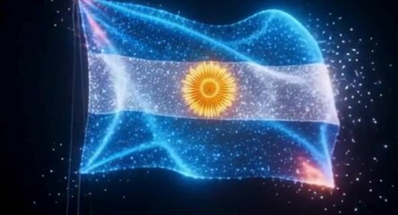 Futuristic Argentina Flag Waving with Glowing Particle Effects on a Dark Background