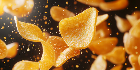 Crispy potato chips flying in air, creating dynamic and exciting scene filled with flavor and texture