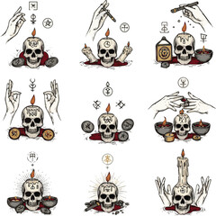 Fototapeta premium Create a kinds of deferent Create a kinds of deferent Esoteric ritual with skull candle. Hand drawn occult vector art with white background. vector art with white background.