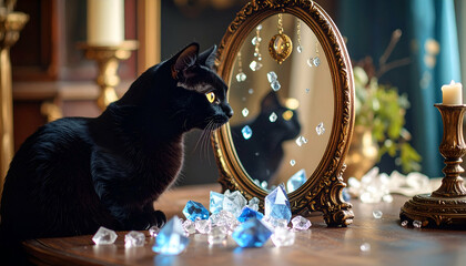 Black cat gazing at mirror with crystals.