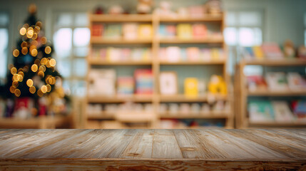 Wooden Table with Blurred Festive Classroom Background with Christmas Tree and Books