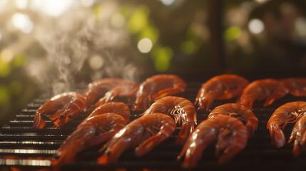 Grilled shrimp sizzling on barbecue, showcasing vibrant orange color and steam rising, creating mouthwatering atmosphere
