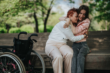 Two friends enjoy a warm moment outdoors, highlighting connection and support. They symbolize resilience and friendship while being surrounded by nature in an uplifting setting.