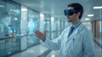 High-tech medical concept: doctor using augmented reality glasses with AI medical hologram in futuristic clinical environment
