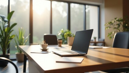 Fototapeta premium Modern Office Workspace Laptop Coffee Sunlight Wooden Table