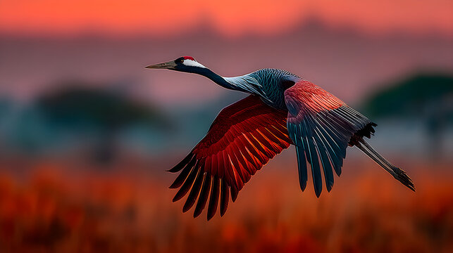 Graceful crane flying above a sunlit savanna, silhouetted against a glowing sky