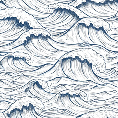 Create a Sea waves sketch pattern. Ocean surf wave hand drawn horizontal seamless pattern vector art with white background.