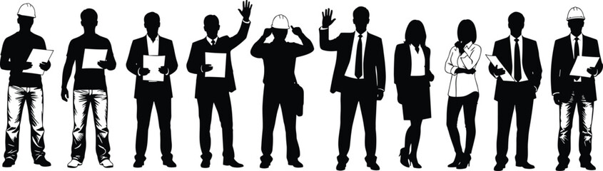Diverse professionals silhouette illustration, workers in business attire and hard hats, standing poses with documents, industry and office roles concept, black workforce graphic