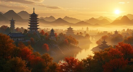 Tranquil autumn landscape featuring japanese pagodas and mountains bathed in golden sunlight