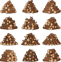 Create a kinds of deferent wood set vector art with white background.