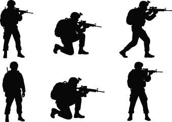 Military tactical silhouettes illustration, soldiers with rifles, combat stances, armed forces vector art, teamwork, battlefield coordination, defense posture, war training concept