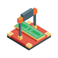 Fototapeta premium Automated robotic arm inspecting a green circuit board on a red platform