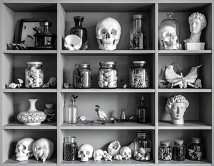 Gray display cabinet filled with assorted objects