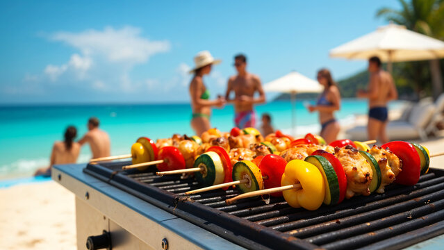 Summer bbq concept image with skewers on a hot barbecue on the beach with people in background