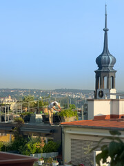 Lush rooftop garden with a panoramic view of Prague Castle and Old Town rooftops at sunrise. Ideal for: sustainable living, urban gardening, tourism, European architecture, and editorial use. 