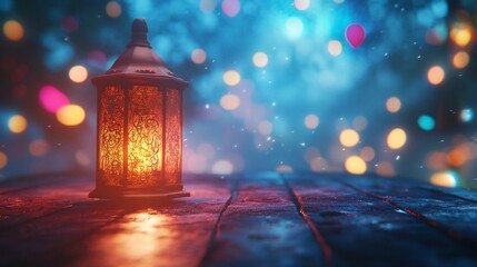Glowing lantern with intricate designs casting light on wooden surface