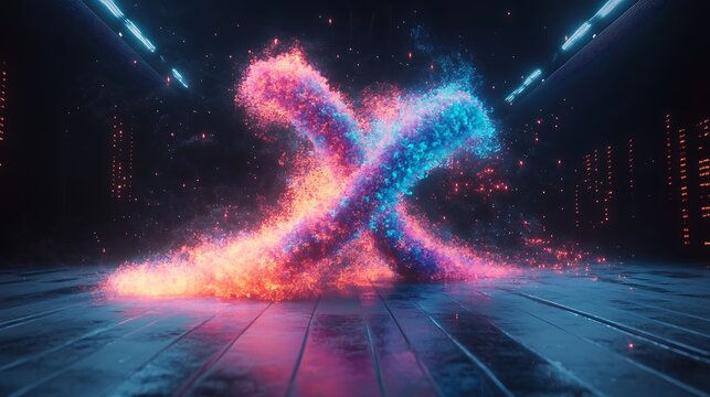 Vibrant, swirling particles form an abstract 'x' shape.