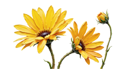 Isolated yellow impasto daisies duo with red-tinted shadows and one bud — textured floral art for modern design projects