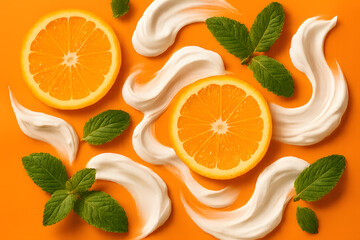A refreshing flat lay of sliced oranges, mint leaves, and white cream on a vibrant orange background.