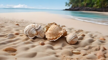 Seashells scattered on sandy beach under bright summer sky