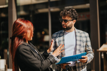 Two people converse over a document, engaging in a professional discussion outdoors.