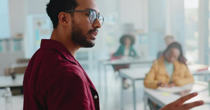 Man, lecturer and explain in classroom for lesson, college lecture and teaching students. Male professor, talking and learners listen for learning schedule, curriculum procedure and exam instructions
