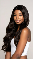 Black woman with long hair, and studio portrait.