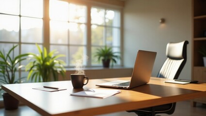 Fototapeta premium Sunlit Office Desk Laptop Coffee Plants Notebook computer