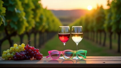 Sunset Vineyard Wine Tasting Red White Grapes Sunglasses