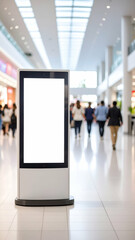 Blank Mall Kiosk with Shoppers Blurred.