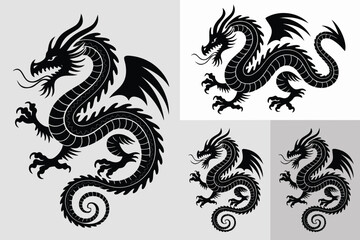 Black Silhouette Dragons Set Four Detailed Dragon Illustrations on Varying Backgrounds for Tattoo Designs