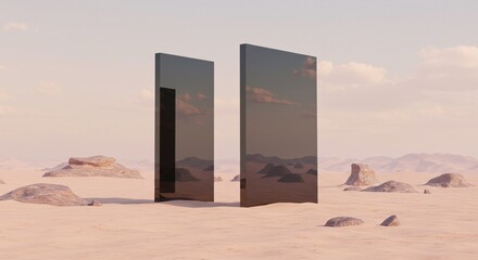 Two futuristic mirror-like panels standing in a surreal desert landscape with soft sand dunes and rocky formations, pastel sky, minimal and sci-fi atmosphere, conceptual digital art.