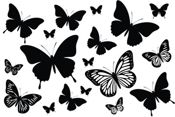 Naklejka premium Collection of Black and White Butterfly Silhouettes, Assorted Sizes and Wing Patterns on White Background