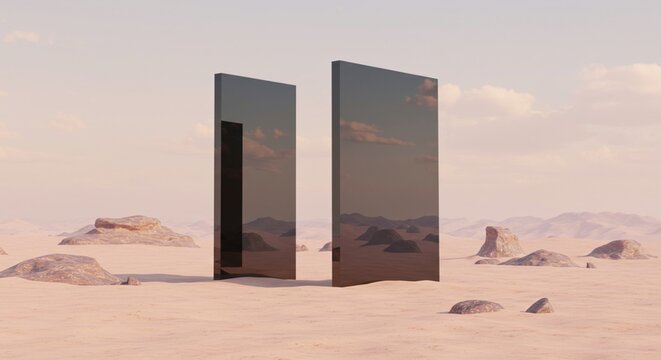 Two futuristic mirror-like panels standing in a surreal desert landscape with soft sand dunes and rocky formations, pastel sky, minimal and sci-fi atmosphere, conceptual digital art.