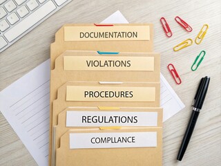 Compliance, Policies, Regulations, Violations, Procedures and Documentation folders on a desk