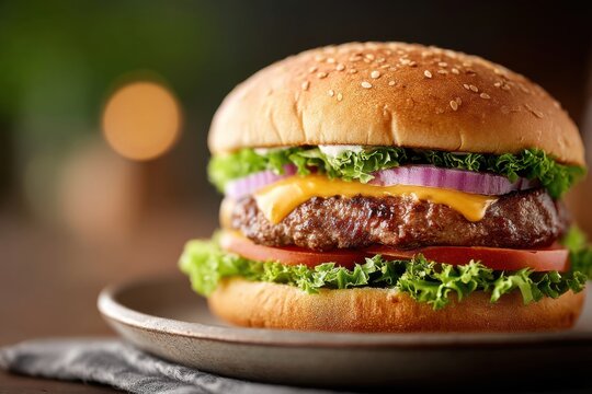 Juicy cheeseburger loaded with fresh toppings on a rustic plate in a cozy setting