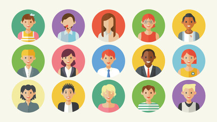 Fototapeta premium Diverse Group of Flat People Avatars with Varied Professions and Backgrounds Displayed in Circular Frames