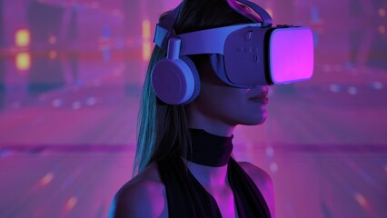 Woman Engaging with Virtual Reality Headset and Abstract Background