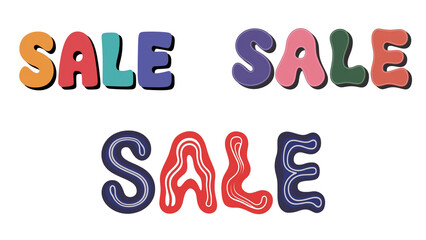 Three sale signs with different color schemes on a white background design