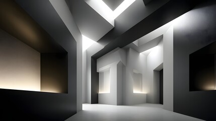 Modern Architectural Interior with Geometric Design and Dramatic Lighting in Monochrome Style