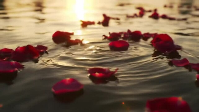 Romantic Rose Petals Floating Gracefully On Golden Sunset Water Surface