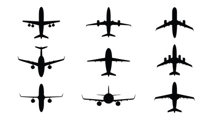Nine Black Airplane Silhouettes Depicted in Flight from a TopDown Perspective on White Background